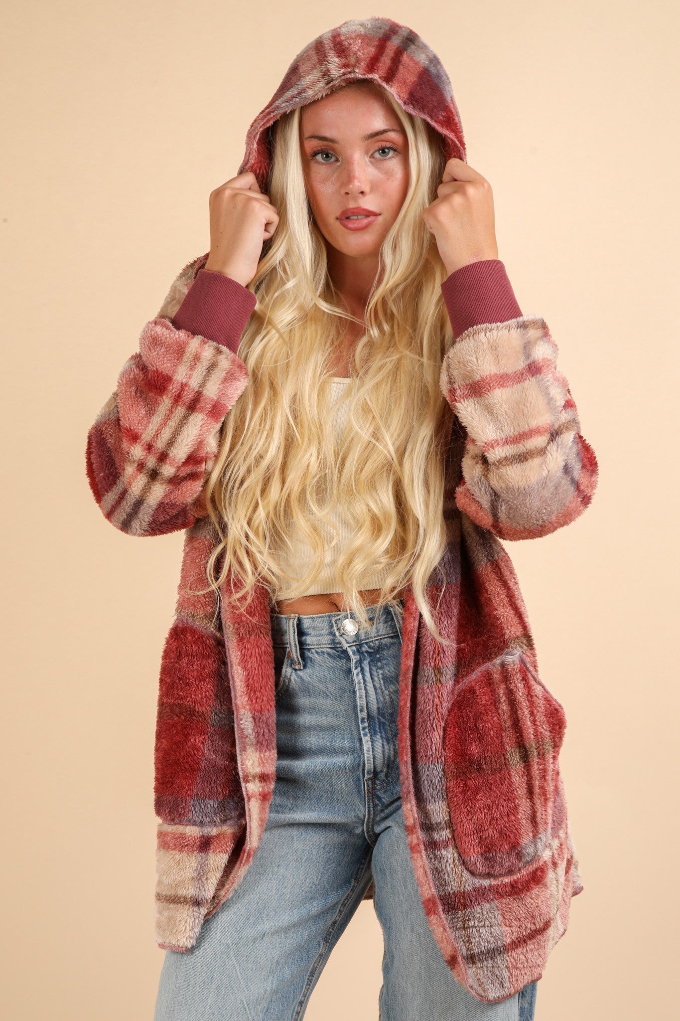 VERY J Fuzzy Plaid Long Sleeve Hooded Jacket - Tigbul's Variety Fashion Shop