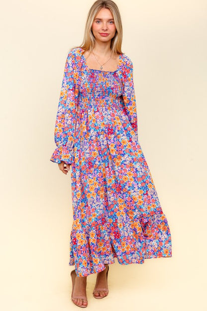 Haptics Smocked Floral Square Neck Flounce Sleeve Dress