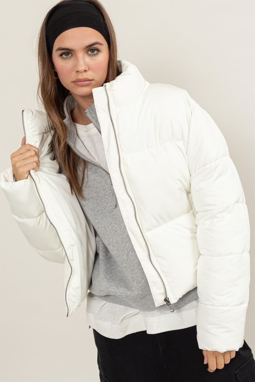 Quilted Back Drawstring Puffer Jacket Cream Color - Tigbul's Variety Fashion Shop