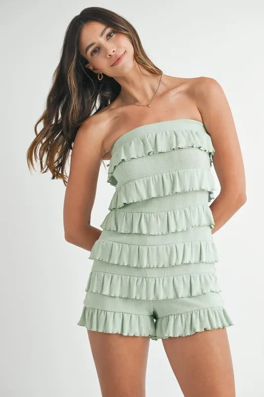 Pointelle Knit Fabric Ruffled Tube Sage Romper - Tigbul's Variety Fashion Shop