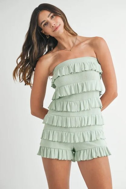 Pointelle Knit Fabric Ruffled Tube Sage Romper - Tigbul's Variety Fashion Shop