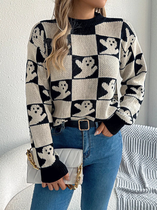 Halloween Ghost Pattern Checkered Round Neck Sweater - Tigbul's Variety Fashion Shop