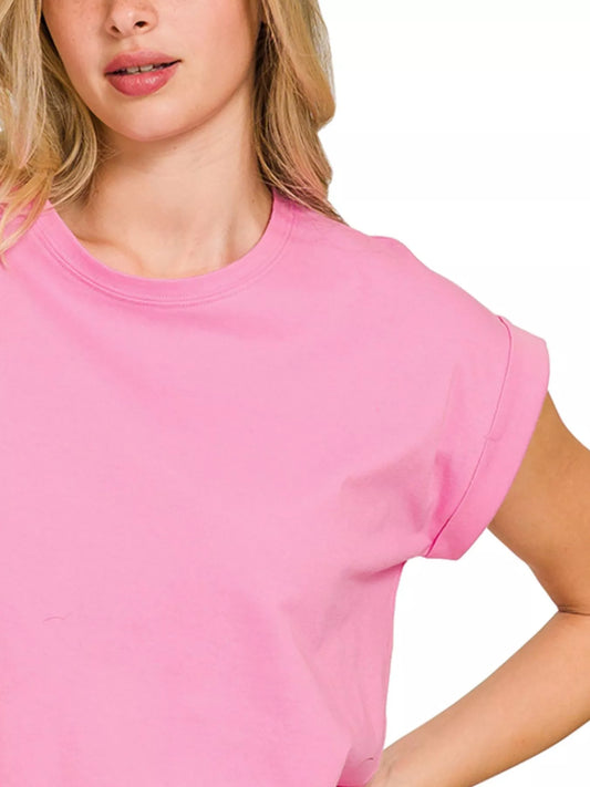 Zenana Round Neck Folded Short Sleeve T-Shirt - Tigbul's Variety Fashion Shop