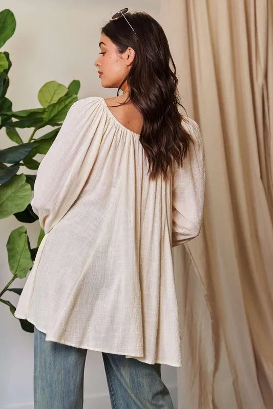 White Crinckled Texture Fabric Round Neck Swing Top - Tigbul's Variety Fashion Shop