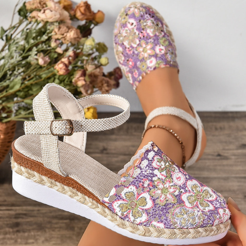 Ivory ankle strap espadrille sandal with purple floral T-strap detail