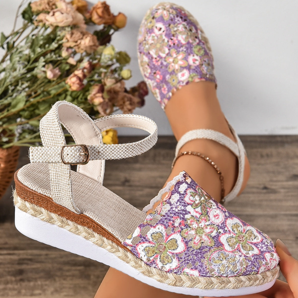 Ivory ankle strap espadrille sandal with purple floral T-strap detail