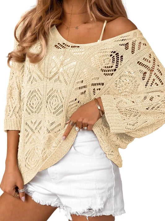 Openwork 3/4 Sleeve Knit Cover Up - Tigbul's Variety Fashion Shop