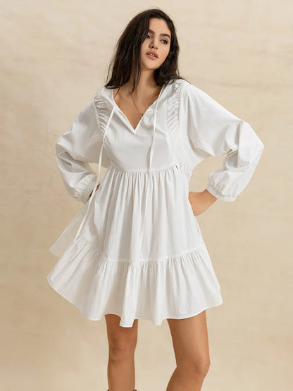 Tiered Tie Neck Long Sleeve White Mini Dress - Tigbul's Variety Fashion Shop