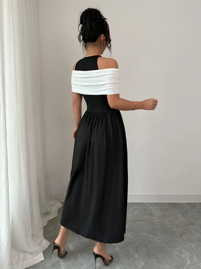 Twisted Contrast Cold Shoulder Midi Dress - Tigbul's Variety Fashion Shop