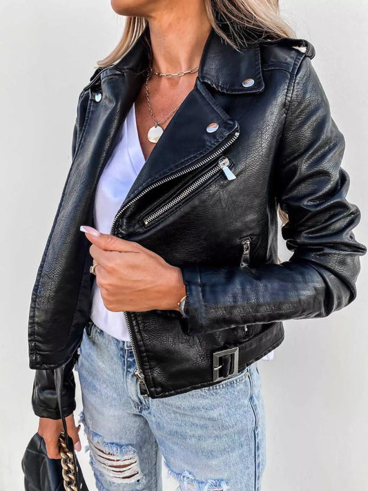 Full Size Zip Up Leather Motorcycle Biker Jacket Plus Size - Tigbul's Variety Fashion Shop