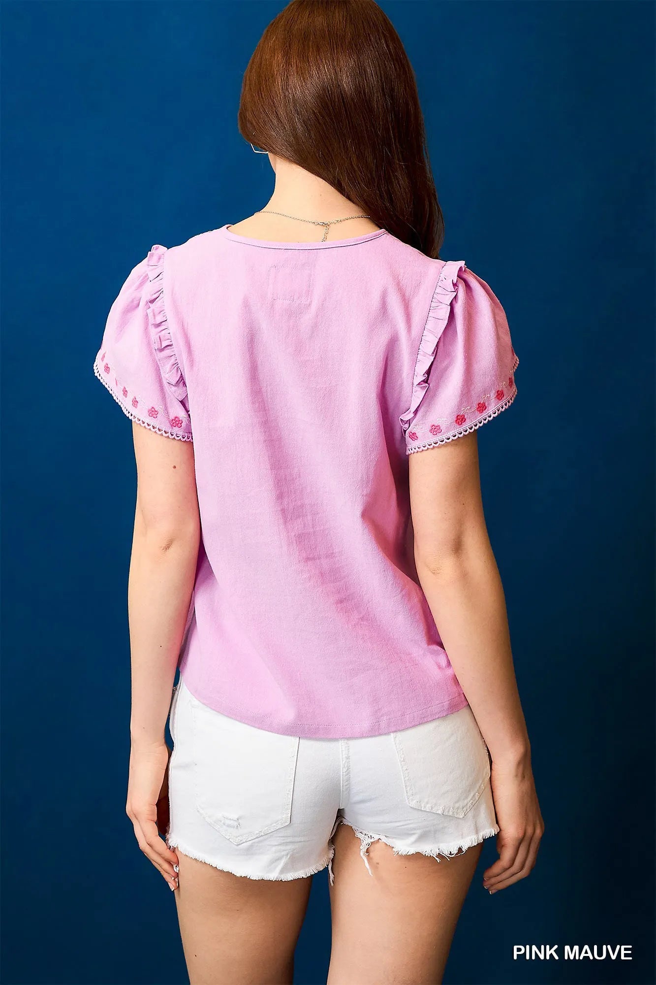 Umgee Floral Embroidered Tie Neck Short Sleeve Blouse - Tigbul's Variety Fashion Shop