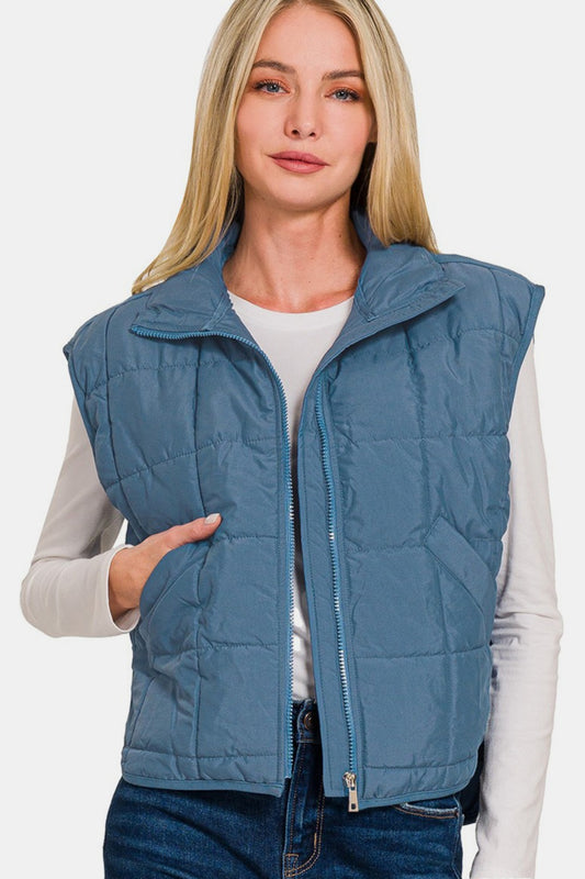 Zenana Zip Up Cropped Puffer Vest with Pockets - Tigbul's Variety Fashion Shop