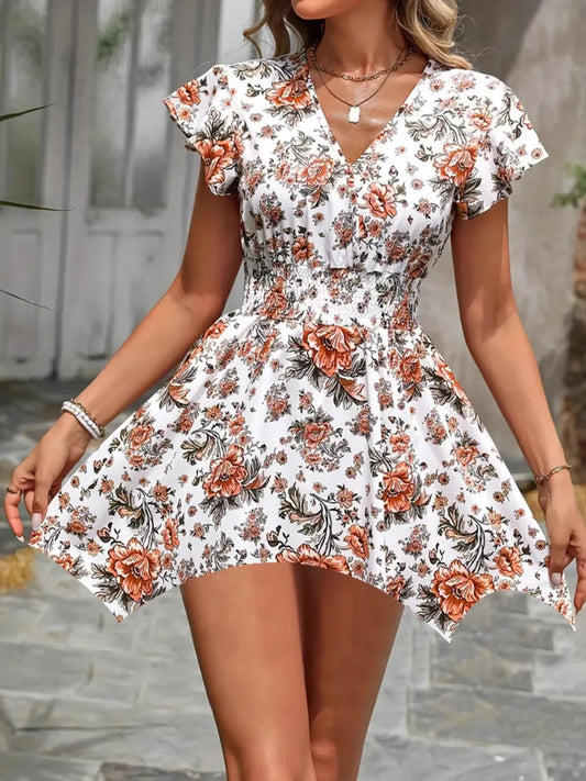 Floral Print V-Neck Flutter Sleeve Mini Dress - Tigbul's Variety Fashion Shop