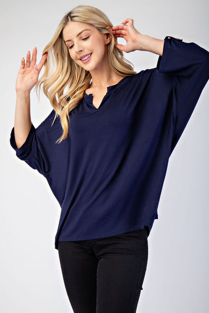 Celeste Full Size Notched Three-Quarter Sleeve Blouse - Tigbul's Variety Fashion Shop