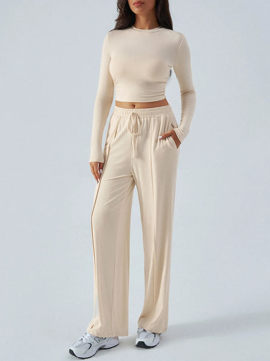 Round Neck Long Sleeve Top and Pants Set - Tigbul's Variety Fashion Shop