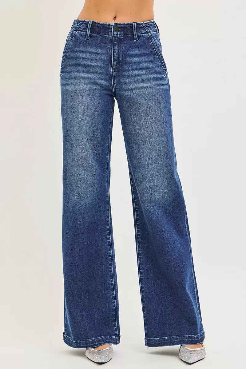 High-rise wide-leg jeans, dark wash with subtle whiskering and long inseam