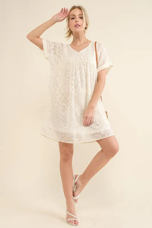 Woven Leopard Baby Doll Roll-Sleeve Casual White Dress - Tigbul's Variety Fashion Shop