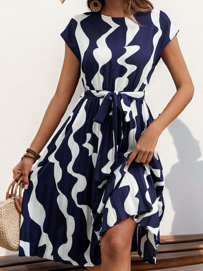 Tied Pleated Printed Cap Sleeve Dress - Tigbul's Variety Fashion Shop