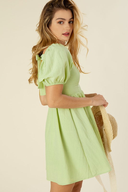 Green Tie back dress with puff sleeves - Tigbuls Variety Fashion