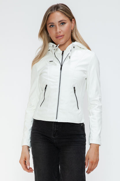 White Faux Leather Zip Up Drawstring Hooded Jacket