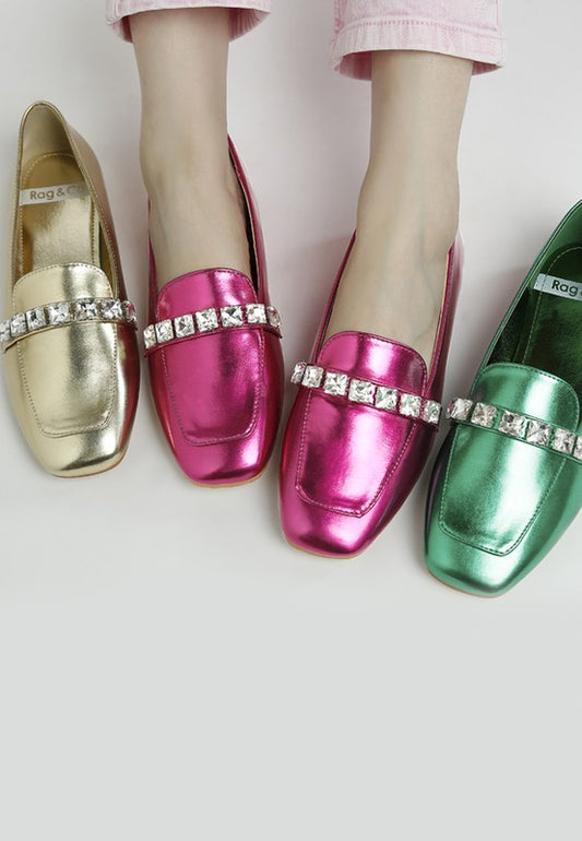 Celosia Metallic Diamante Strap Loafers - Tigbul's Variety Fashion Shop