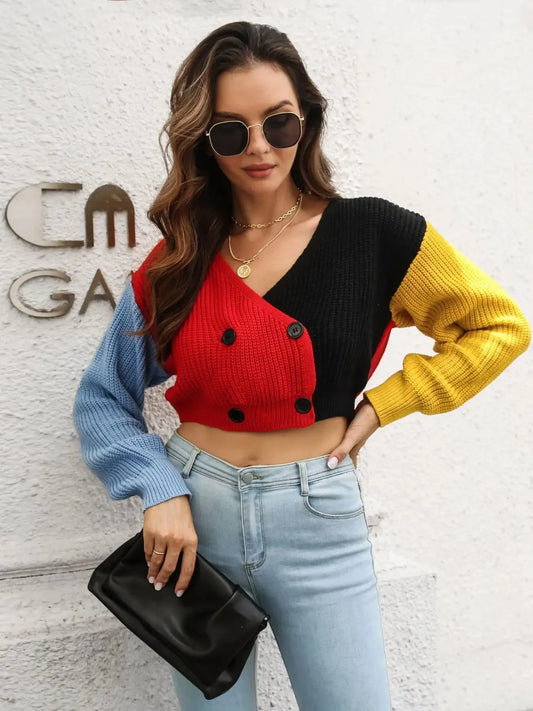 Color Block Cropped Button Front Cardigan - Tigbul's Variety Fashion Shop