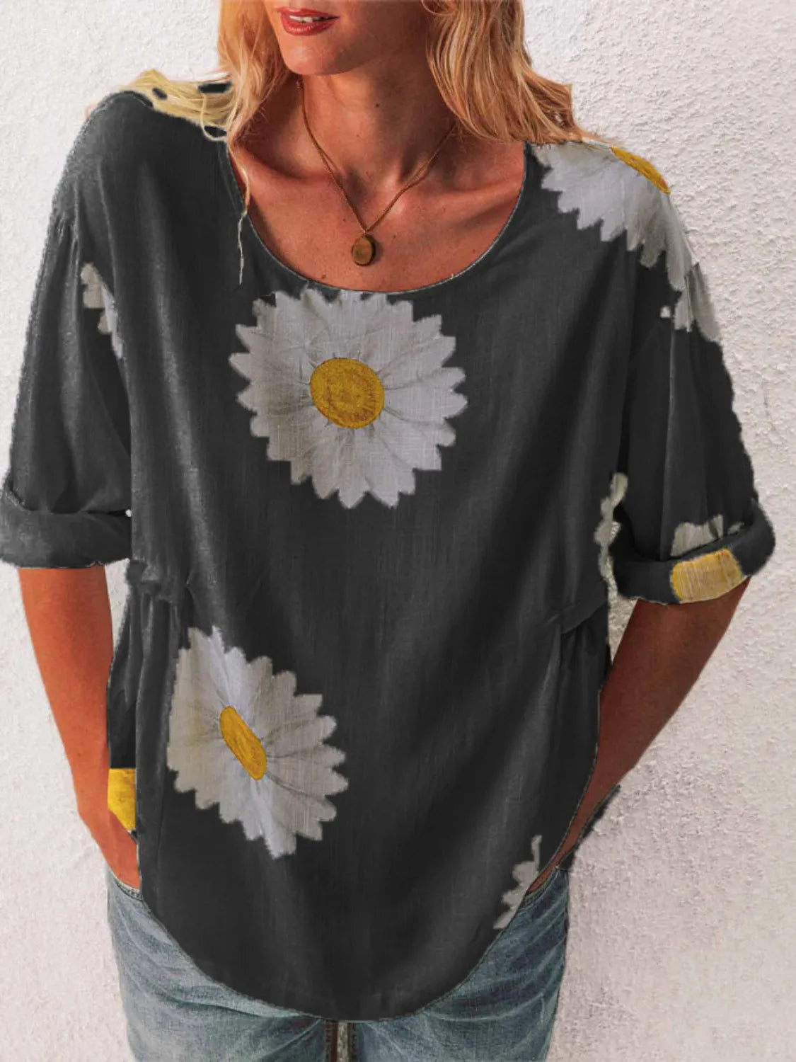 Full Size Flower Round Neck Half Sleeve T-Shirt Plus Size - Tigbul's Variety Fashion Shop