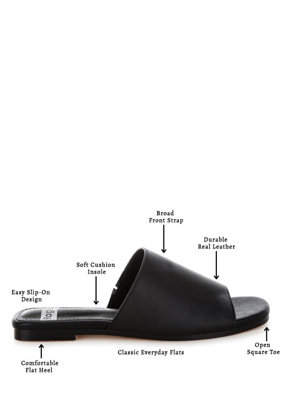 Black slip-on flats, open square toe, smooth leather upper, flat low heel