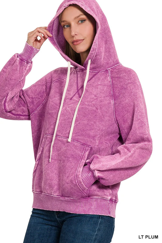 Zenana Acid Wash Fleece Hoodie with Kangaroo Pocket - Tigbul's Variety Fashion Shop