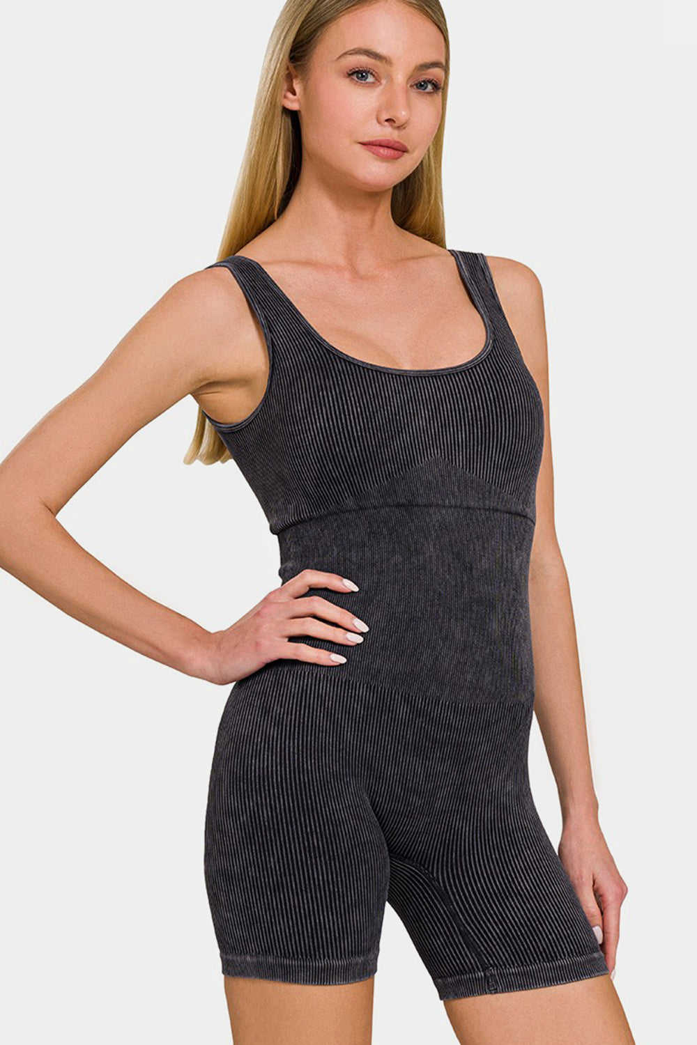 Zenana Washed Ribbed Romper with Pad - Tigbul's Variety Fashion Shop