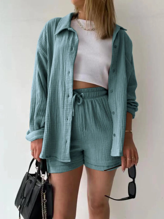 Textured Button Up Shirt and Shorts Set - Tigbul's Variety Fashion Shop