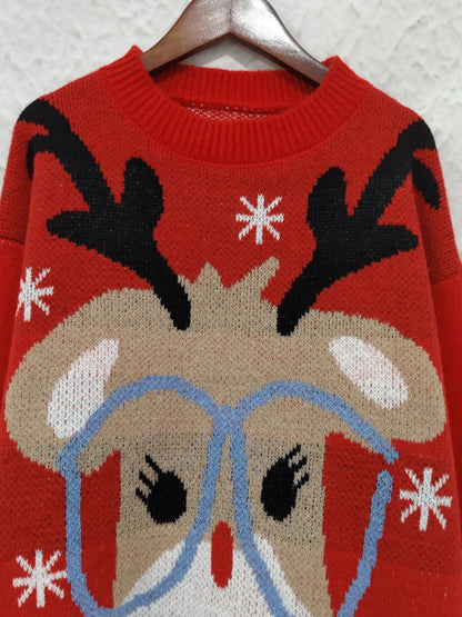 Reindeer Round Neck Dropped Shoulder Sweater - Tigbul's Variety Fashion Shop