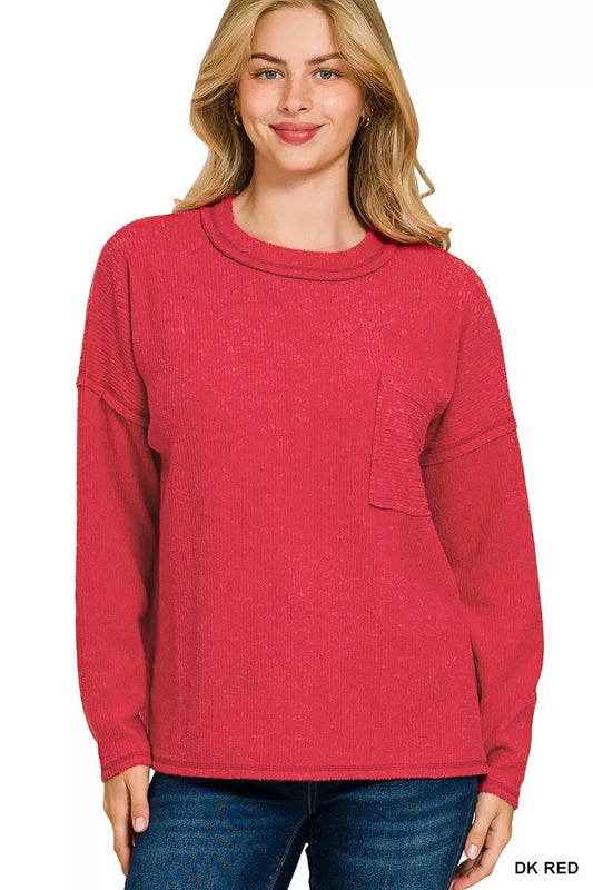 Zenana Ribbed Brushed Melange Hacci Sweater with Chest Pocket - Tigbul's Variety Fashion Shop