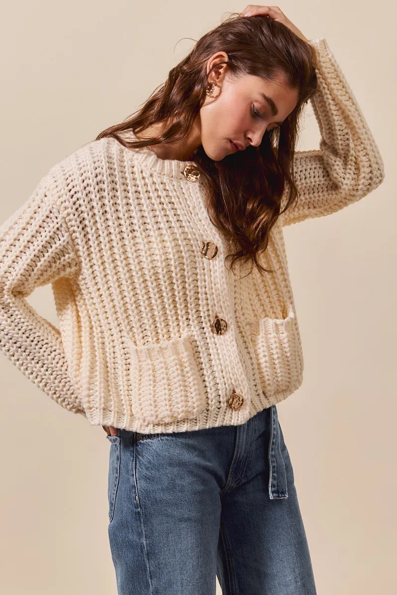 SO ME Metal Button Long Sleeve Chunky Sweater Cardigan - Tigbul's Variety Fashion Shop