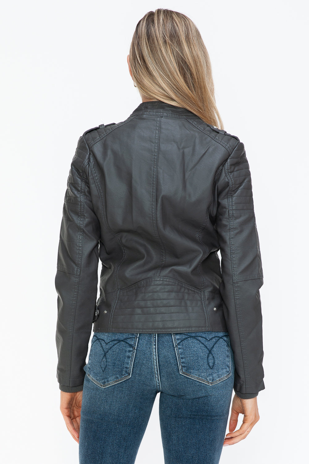 Charcoal PU Leather Biker Jacket with Side Zip Pockets