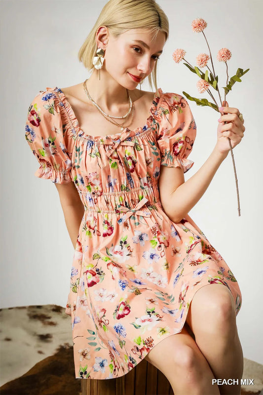Umgee Floral Print Puff Sleeve Mini Dress - Tigbul's Variety Fashion Shop