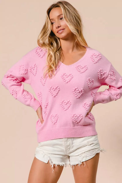 BiBi Valentines Heart Pompom V Neck Knit Top - Tigbul's Variety Fashion Shop