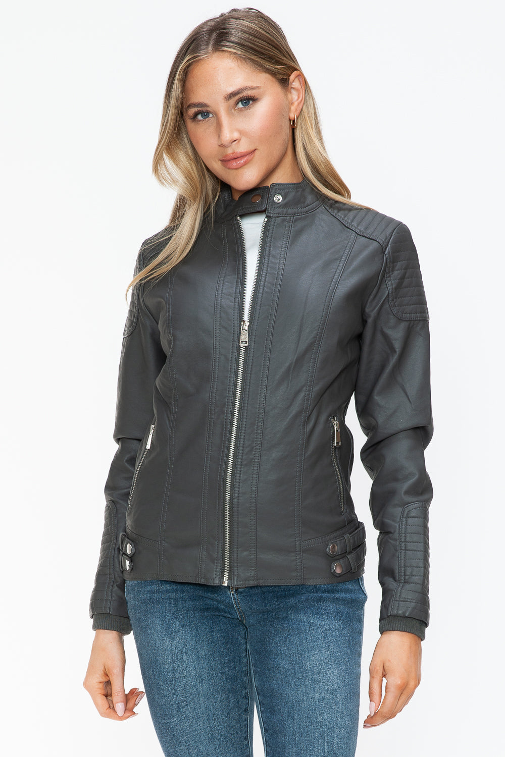 Charcoal Faux Leather Biker Jacket with Side Zip Pockets