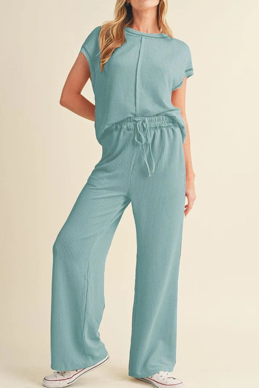 Solid Color Corded Short Sleeve Top and Casual Pants Set - Tigbul's Variety Fashion Shop