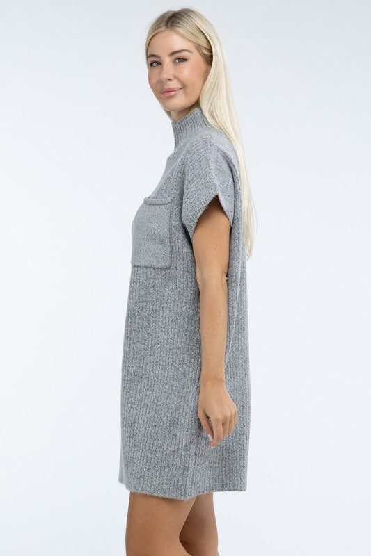 Mock Neck Short Sleeve Sweater Dress with Pocket - Tigbul's Variety Fashion Shop