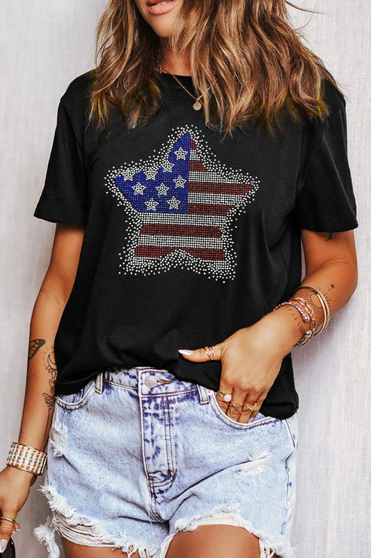 Star Round Neck Short Sleeve Black T-Shirt - Tigbul's Variety Fashion Shop