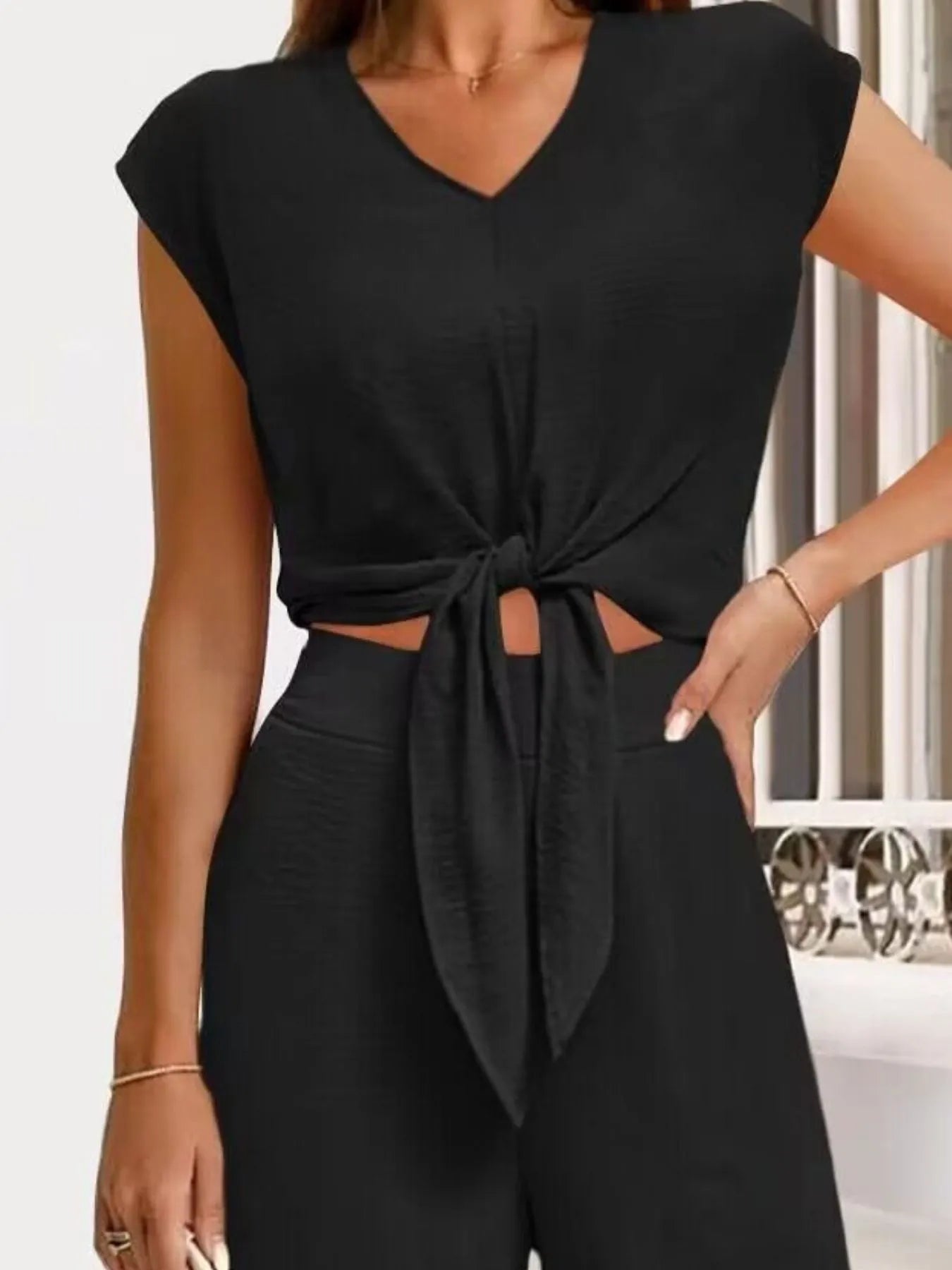 Tie Front Top and Wide Leg Pants Set - Tigbul's Variety Fashion Shop