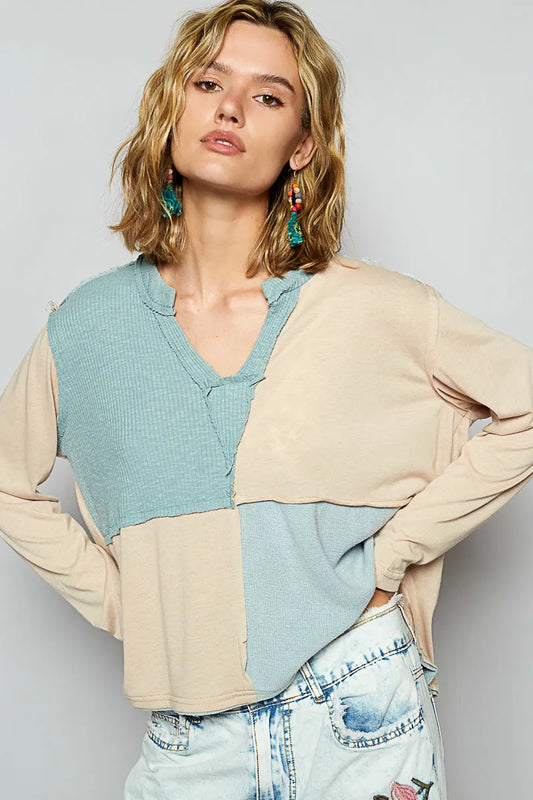 POL Color Block Notched Long Sleeve T-Shirt - Tigbul's Variety Fashion Shop