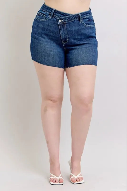 Judy Blue Plus Size High Waist Criss-Cross Waistband Denim Shorts - Tigbul's Variety Fashion Shop