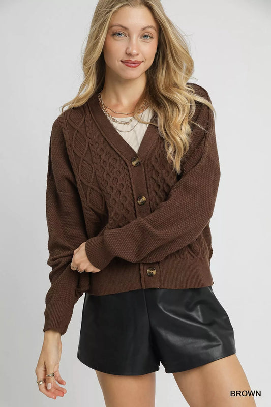Brown Chunky Cable Knit V-Neck Button-Up Cardigan - Tigbul's Variety Fashion Shop
