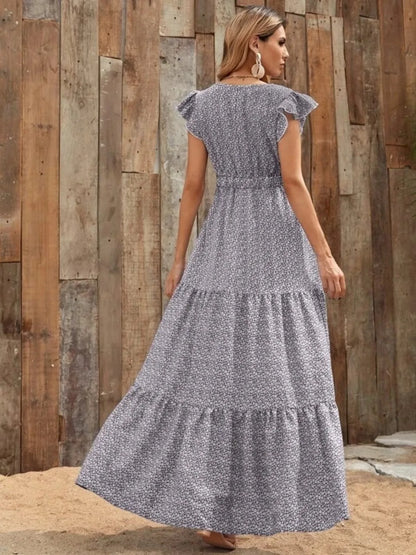 Printed V-Neck Ruffled Cap Sleeve Maxi Dress - Tigbul's Variety Fashion Shop