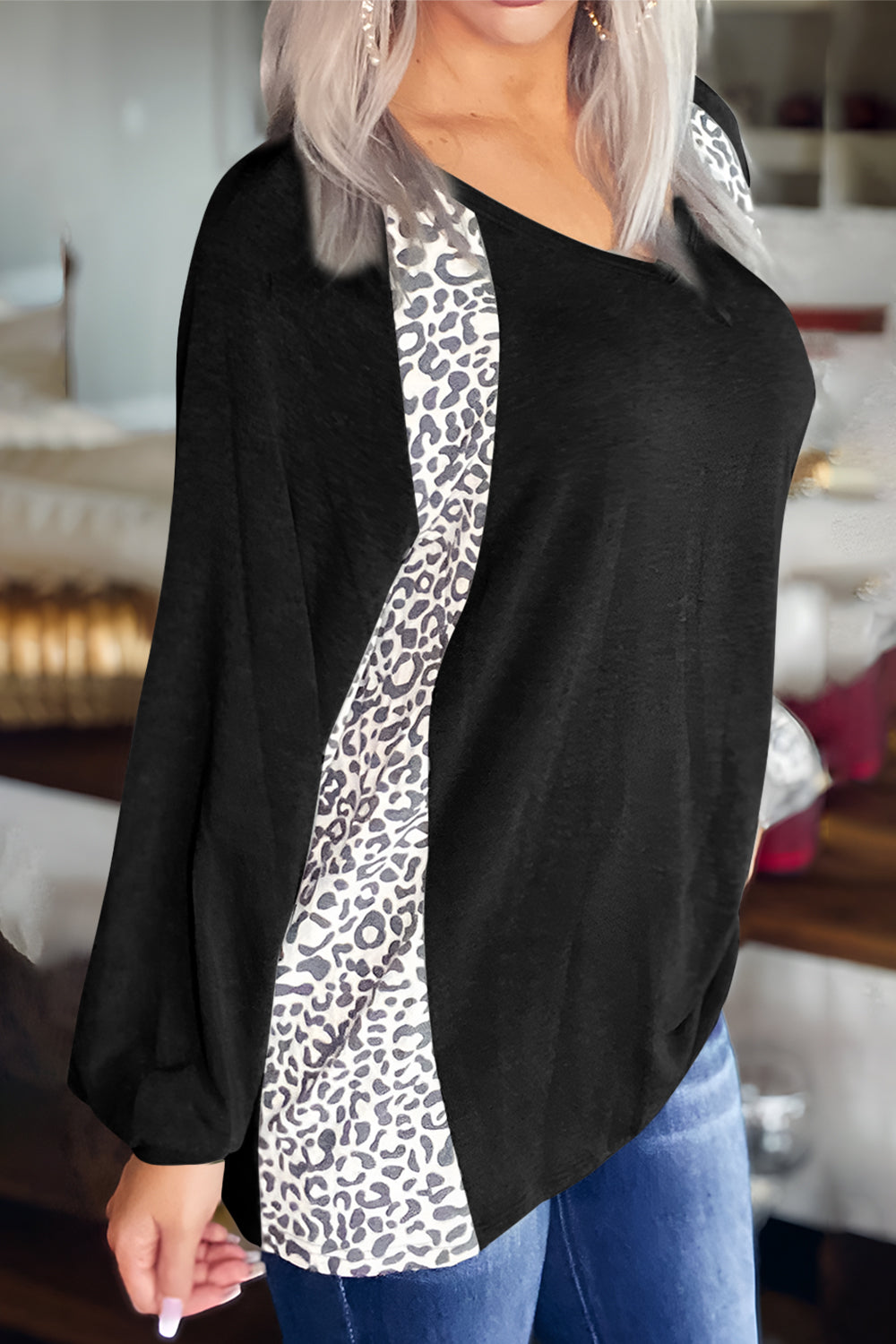 Full Size Leopard V-Neck Long Sleeve T-Shirt - Tigbul's Variety Fashion Shop