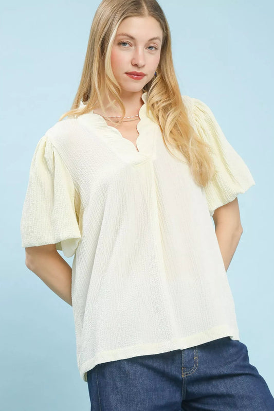 Seersucker Puff Sleeve Ecru Color Blouse - Tigbul's Variety Fashion Shop