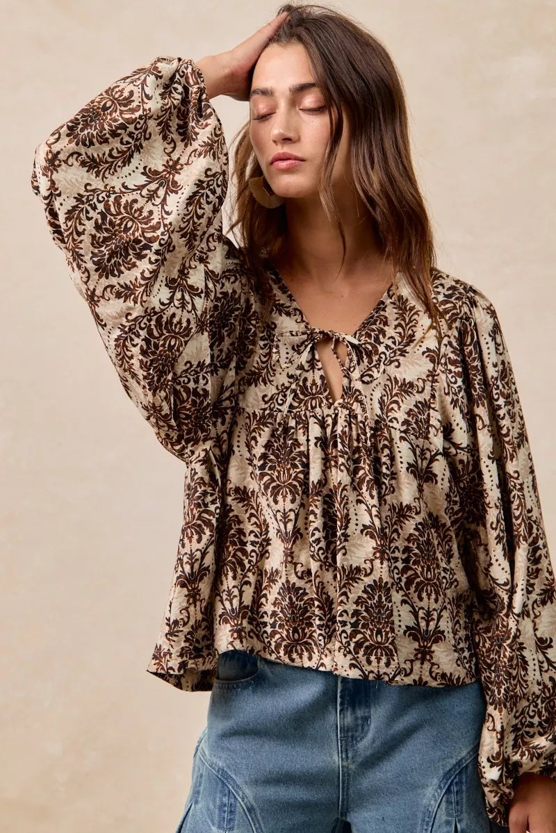 BiBi Printed Woven Front Tied Blouse with Baloon Sleeve - Tigbul's Variety Fashion Shop