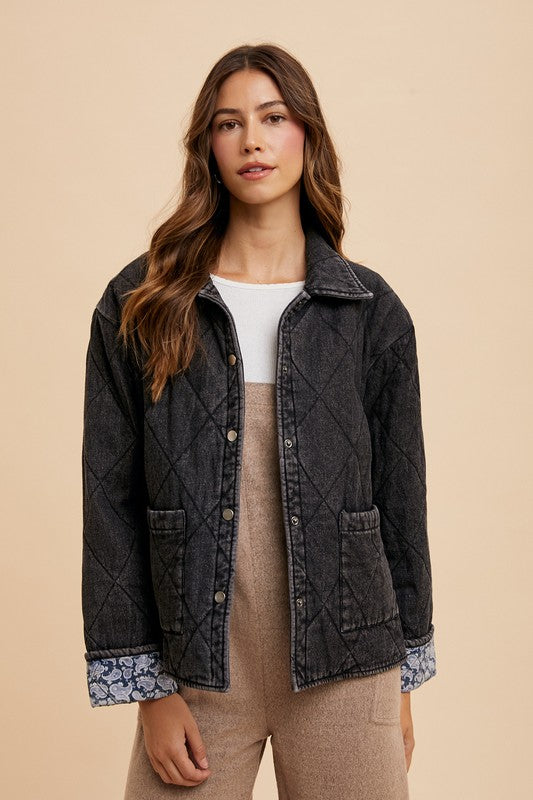 Annie Wear Quilted Printed Lining Snap Down Denim Jacket - Tigbul's Variety Fashion Shop